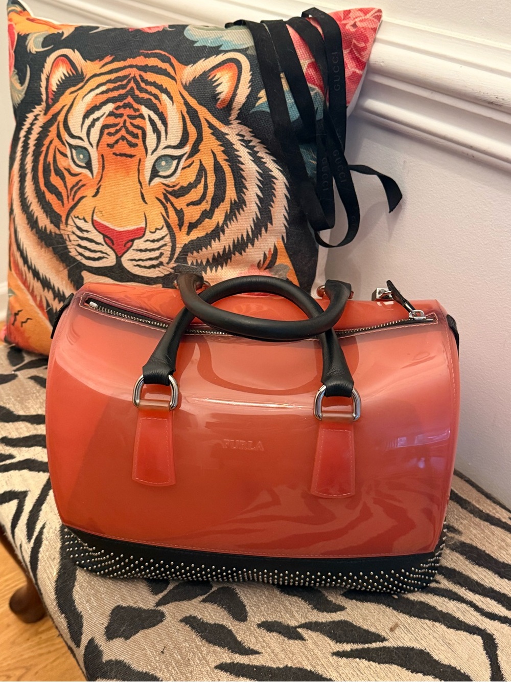 Furla Candy Glossy Coral-Orange-Red  Dome Satchel